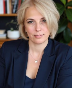 Irina, 55, posiert im Büro in einem eleganten, dunkelblauen Blazer. Damen aus Osteuropa suchen einen Partner über eine Heiratsvermittlung in Deutschland, die auch ausländische Single Frauen vermittelt.